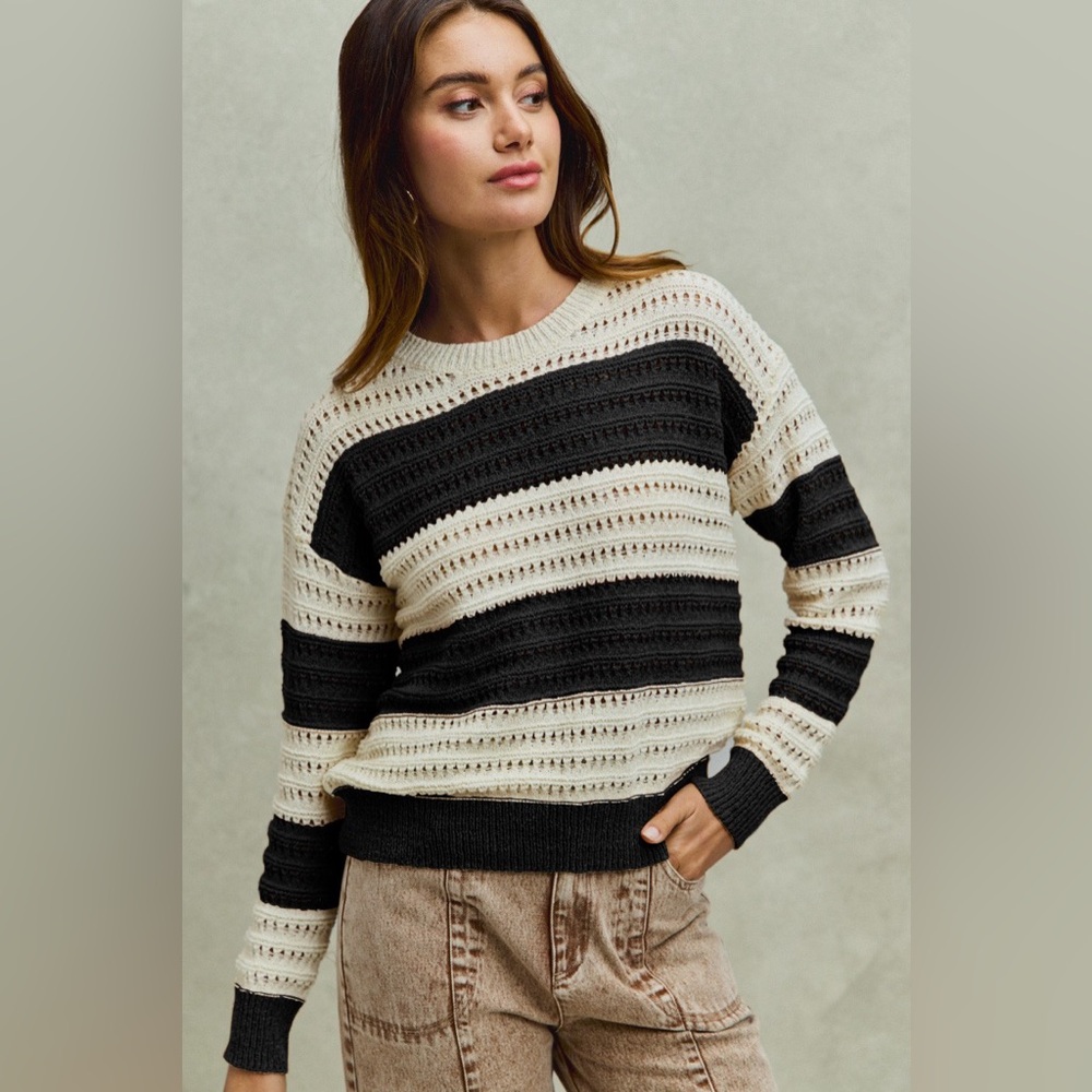 SO ME Openwork Round Neck Wide Stripe Textured Sweater